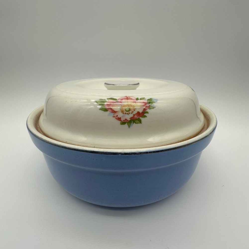 Vintage Hall Superior Quality Kitchenware Blue Casserole Dish Pink Rose Lid USA